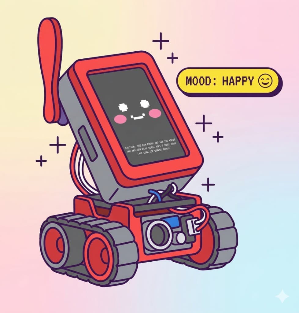 Illustration of molty, a tracked desk robot with a screen face